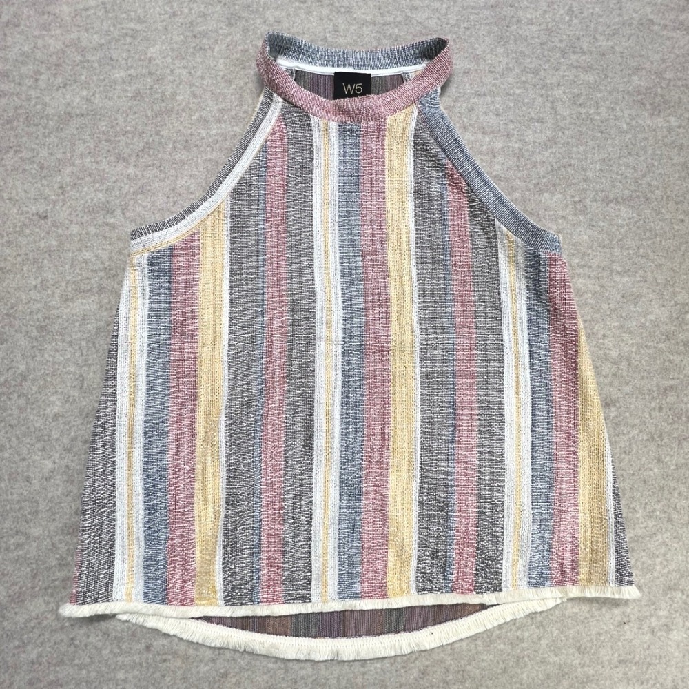 W5 Anthropologie Womens Woven Striped Halter Neck‎ Tank Top Fringe Hem M/L